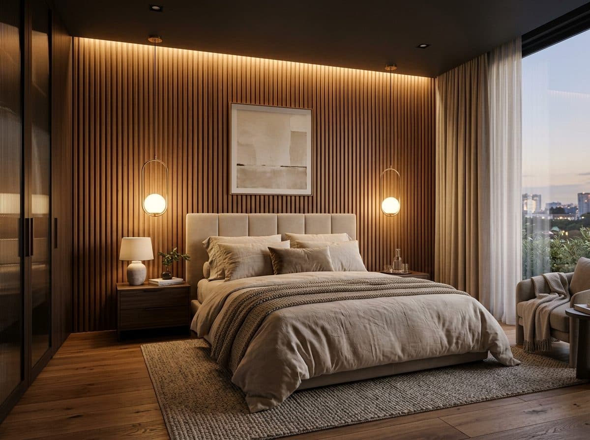 Master bedroom with a wooden slat headboard wall and warm backlighting