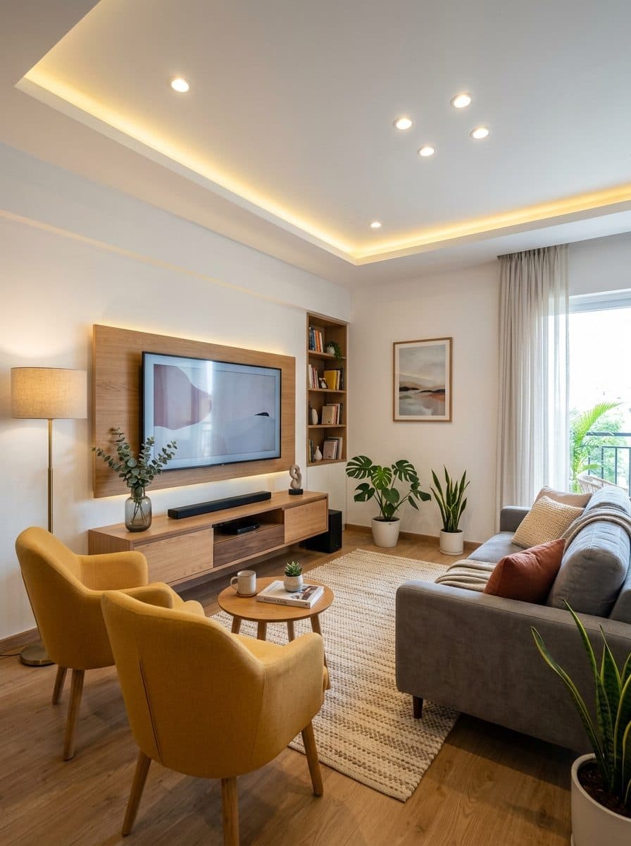 Compact living room with oak wall panelling, TV unit and yellow armchairs