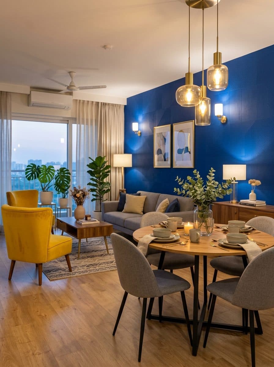 Living and dining area with a blue accent wall and round dining table