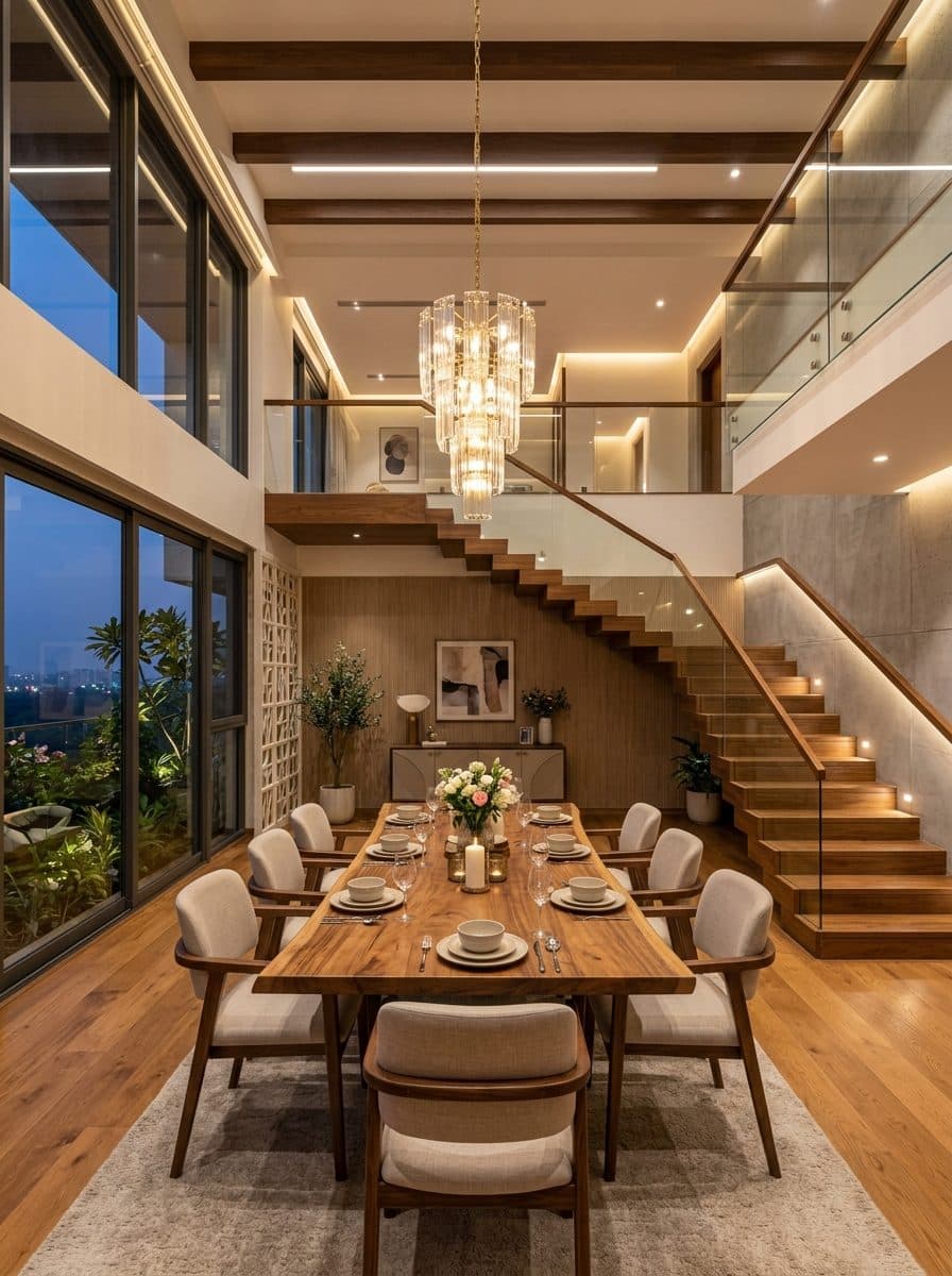 Double-height dining hall with wooden table, chandelier and glass staircase