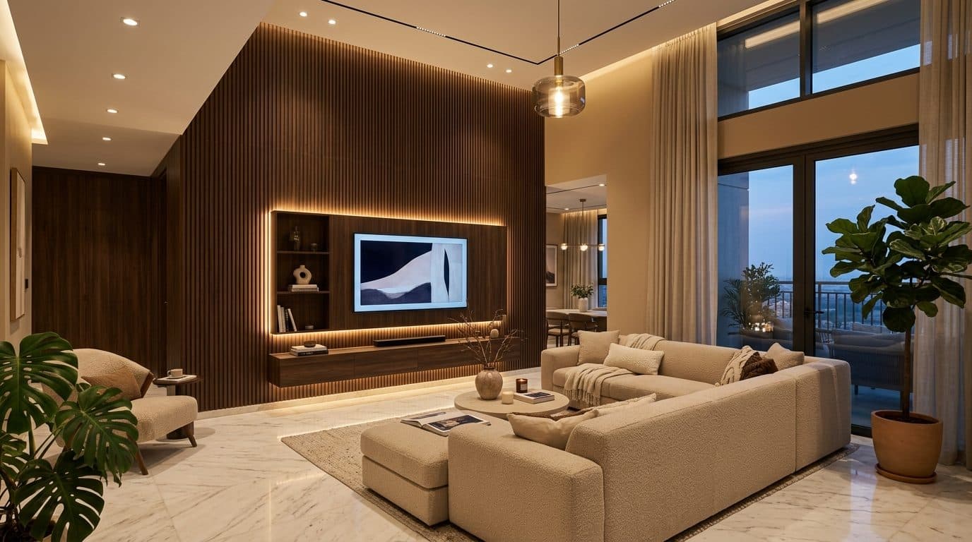 Living room with a walnut wood media wall, sectional sofa and warm lighting
