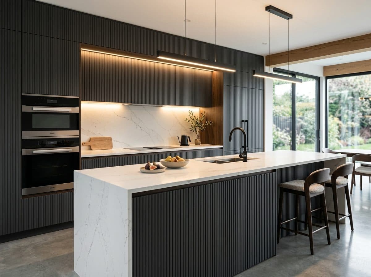 Modular kitchen with charcoal fluted cabinets and a white marble island
